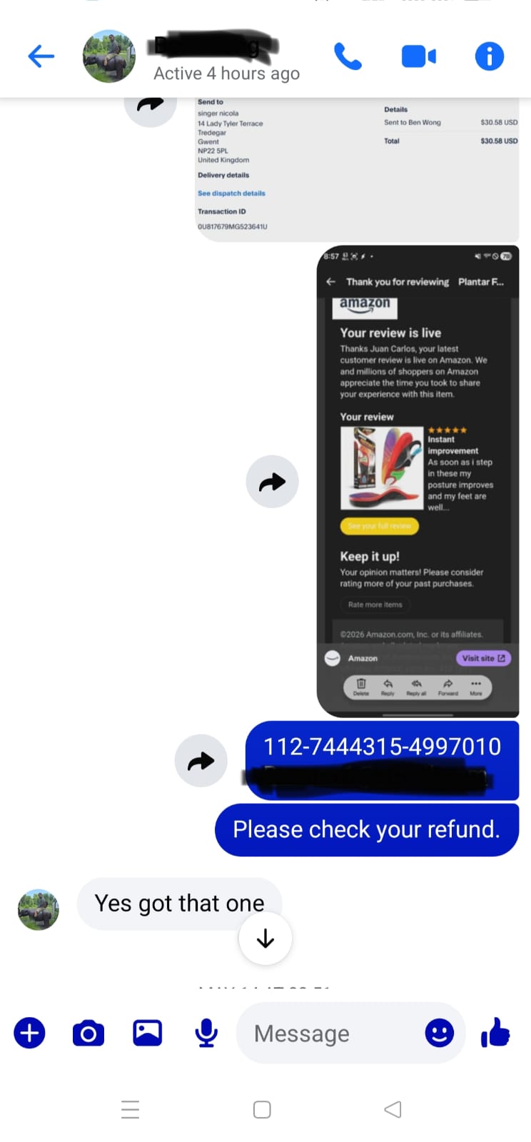 PayPal reimbursement proof for $30.58