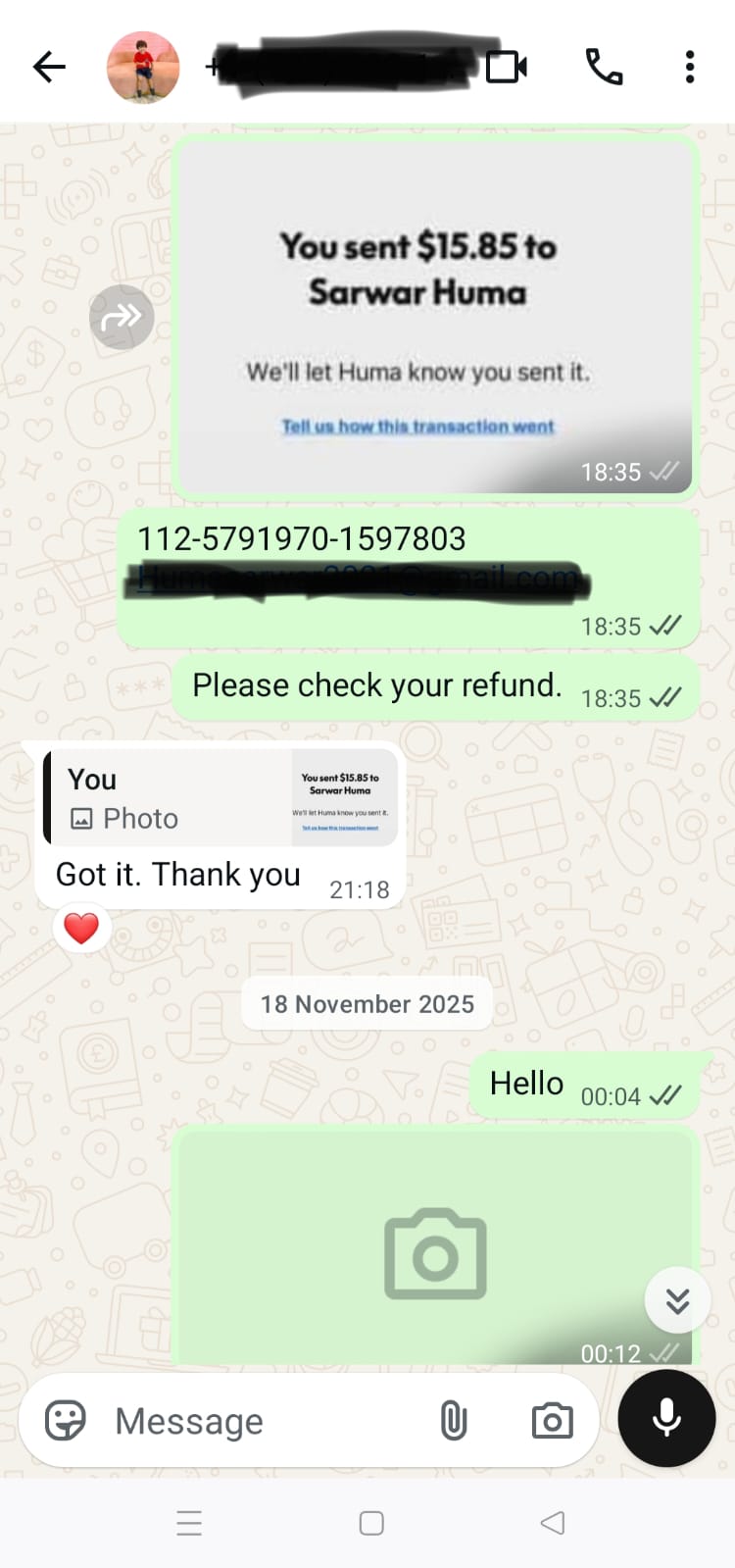 PayPal reimbursement proof for $15.85