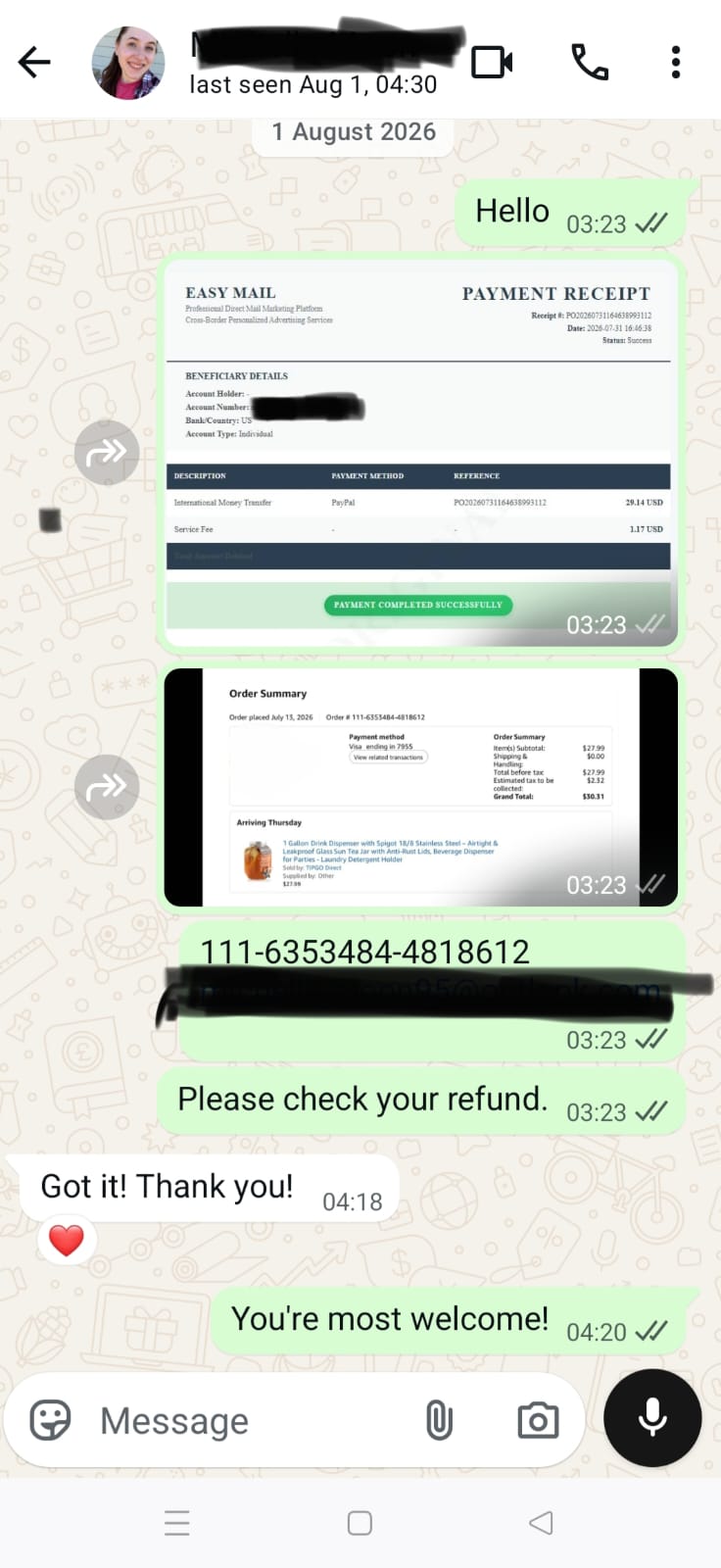 PayPal reimbursement proof for $29.14